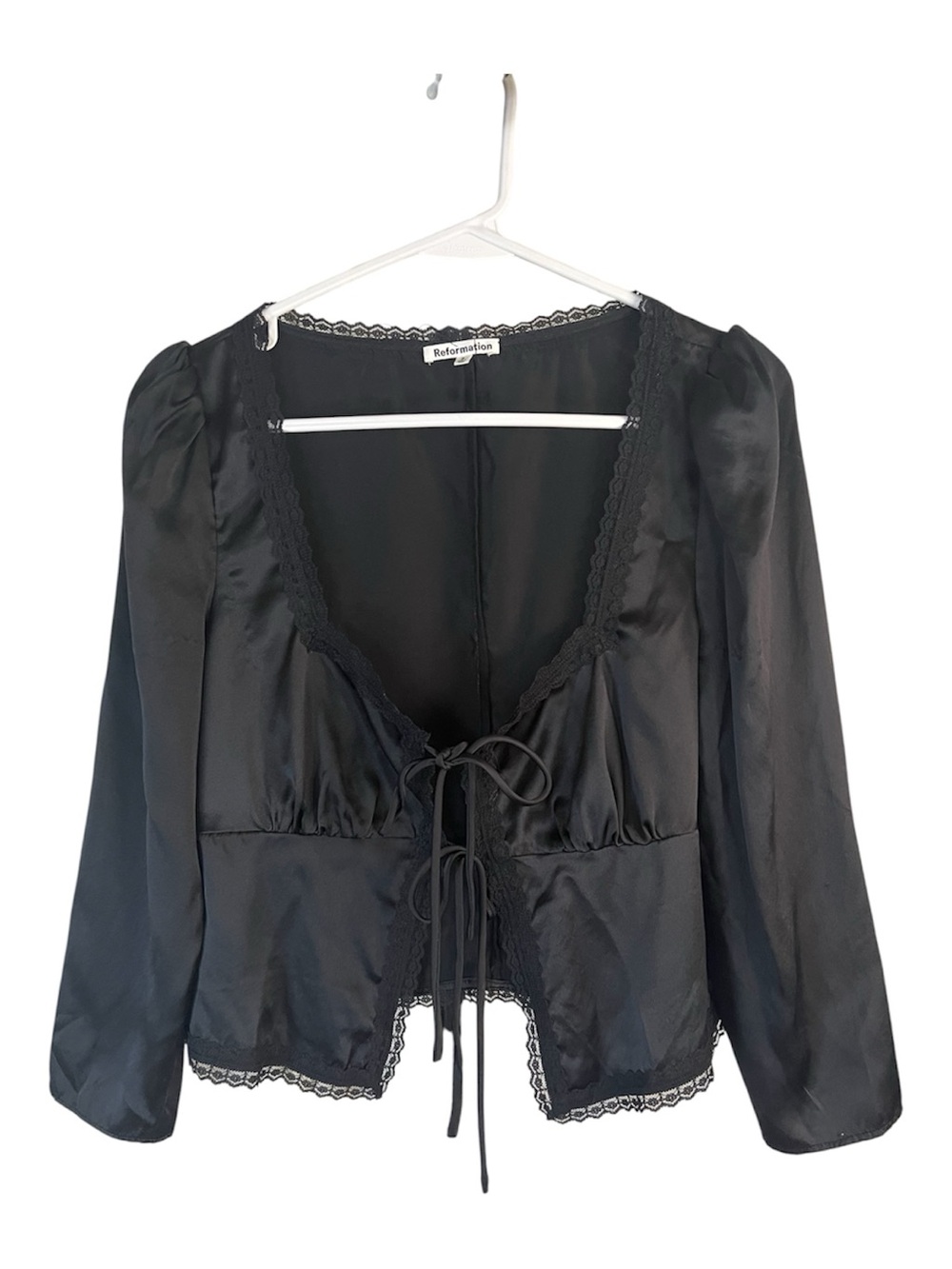 Reformation Lucinda Black Silk  Satin Witchy lace-Trim Tie-Front Crop Blouse